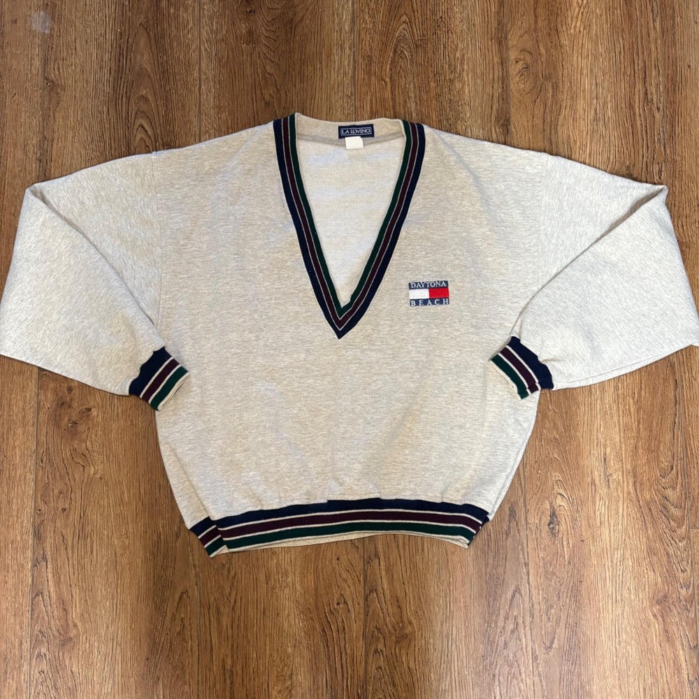 VTG‎ 90s Daytona Beach V-Neck Sweatshirt Mens L USA Made Retro LA Loving Gray